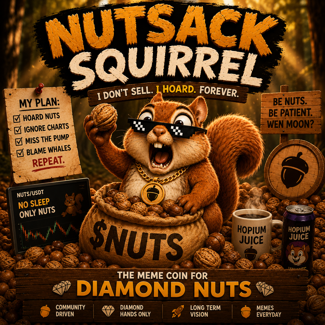 Nutsack Squirrel sitting on his treasure stash